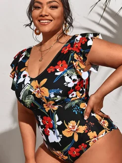Plus Size Sleeveless Ruffle Floral Print Swimsuit