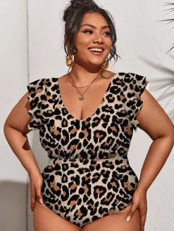 Plus Size Sleeveless Ruffle Floral Print Swimsuit