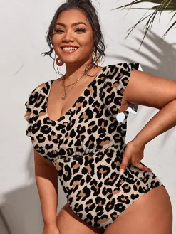 Plus Size Sleeveless Ruffle Floral Print Swimsuit