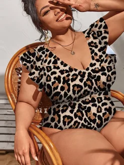 Plus Size Sleeveless Ruffle Floral Print Swimsuit