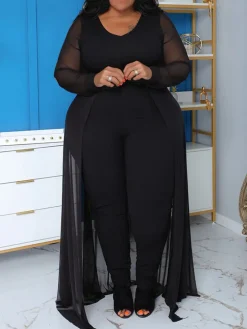 Plus Size Solid Color Patchwork Jumpsuit