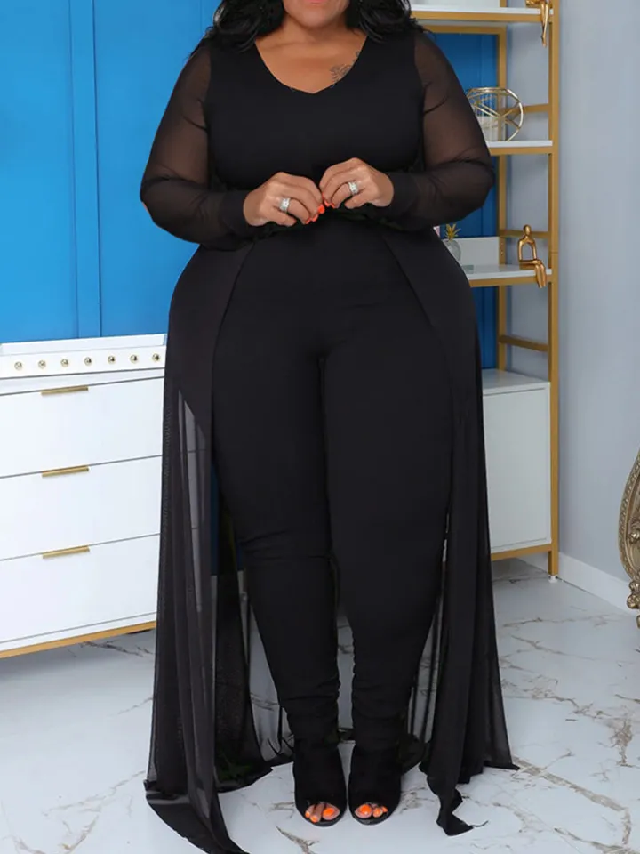 Plus Size Solid Color Patchwork Jumpsuit
