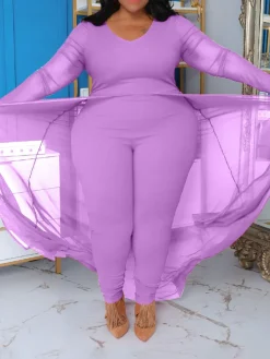 Plus Size Solid Color Patchwork Jumpsuit