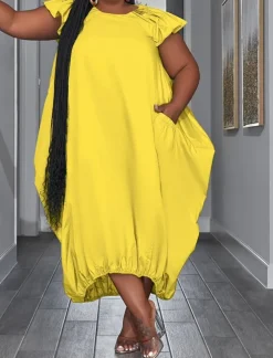 Plus Size Solid Color Ruffle Sleeve Maxi Dress