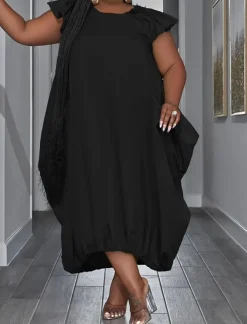 Plus Size Solid Color Ruffle Sleeve Maxi Dress
