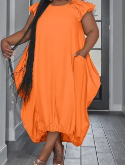 Plus Size Solid Color Ruffle Sleeve Maxi Dress