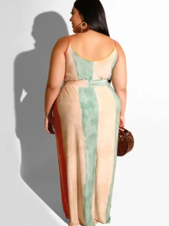 Plus Size Spaghetti Strap Striped Maxi Dress
