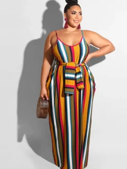 Plus Size Spaghetti Strap Striped Maxi Dress