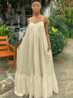 Plus Size Spaghetti Strap Ruffle Beach Maxi Swing Dress