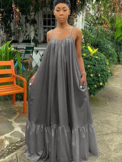 Plus Size Spaghetti Strap Ruffle Beach Maxi Swing Dress