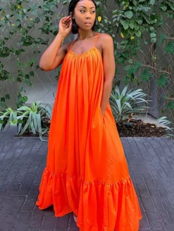 Plus Size Spaghetti Strap Ruffle Beach Maxi Swing Dress