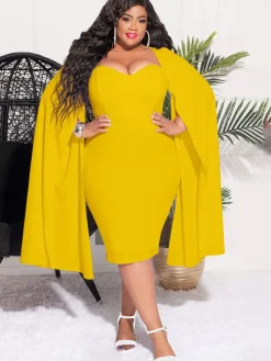 Plus Size Split Sleeves High Waist Midi Dress
