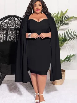 Plus Size Split Sleeves High Waist Midi Dress
