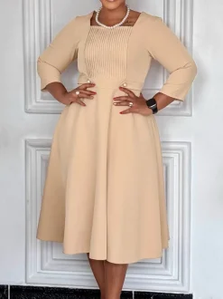 Plus Size Square Neck Pleated Dress