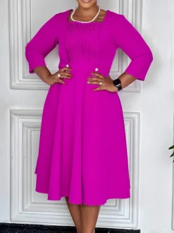 Plus Size Square Neck Pleated Dress