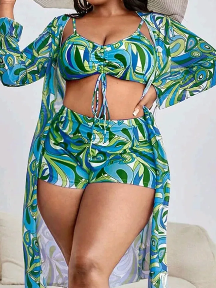Plus Size Three Piece Floral Print Short Set