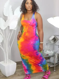 Plus Size Tie Dye Print Bodycon Maxi Dress