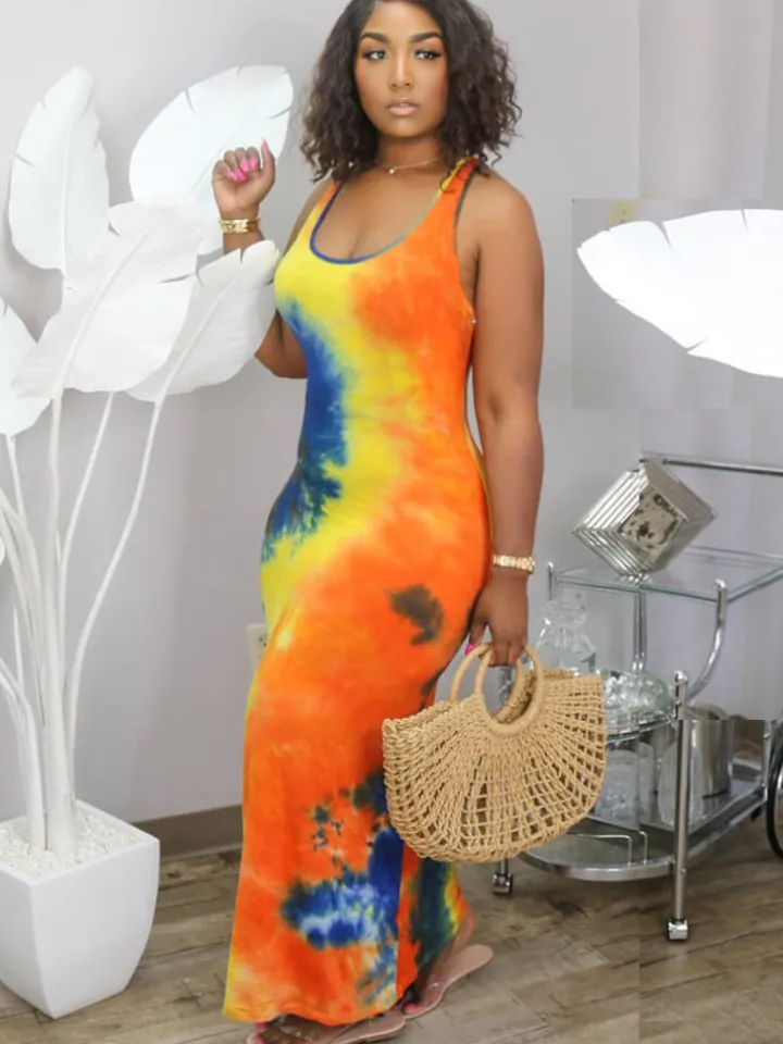 Plus Size Tie Dye Print Bodycon Maxi Dress