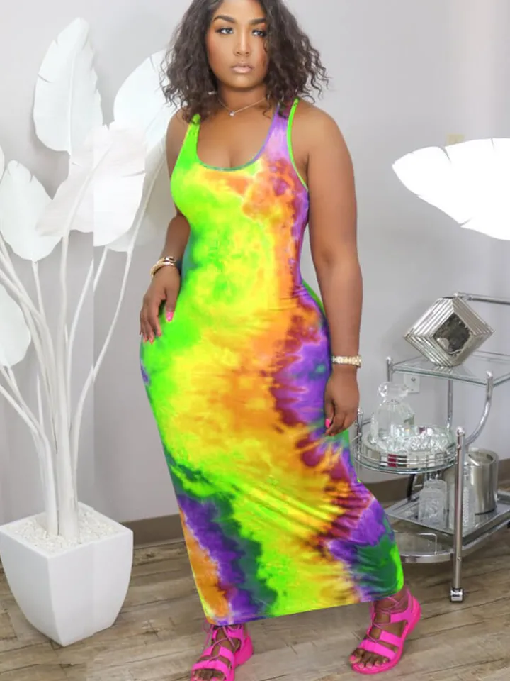 Plus Size Tie Dye Print Bodycon Maxi Dress