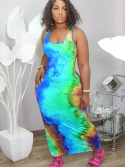 Plus Size Tie Dye Print Bodycon Maxi Dress