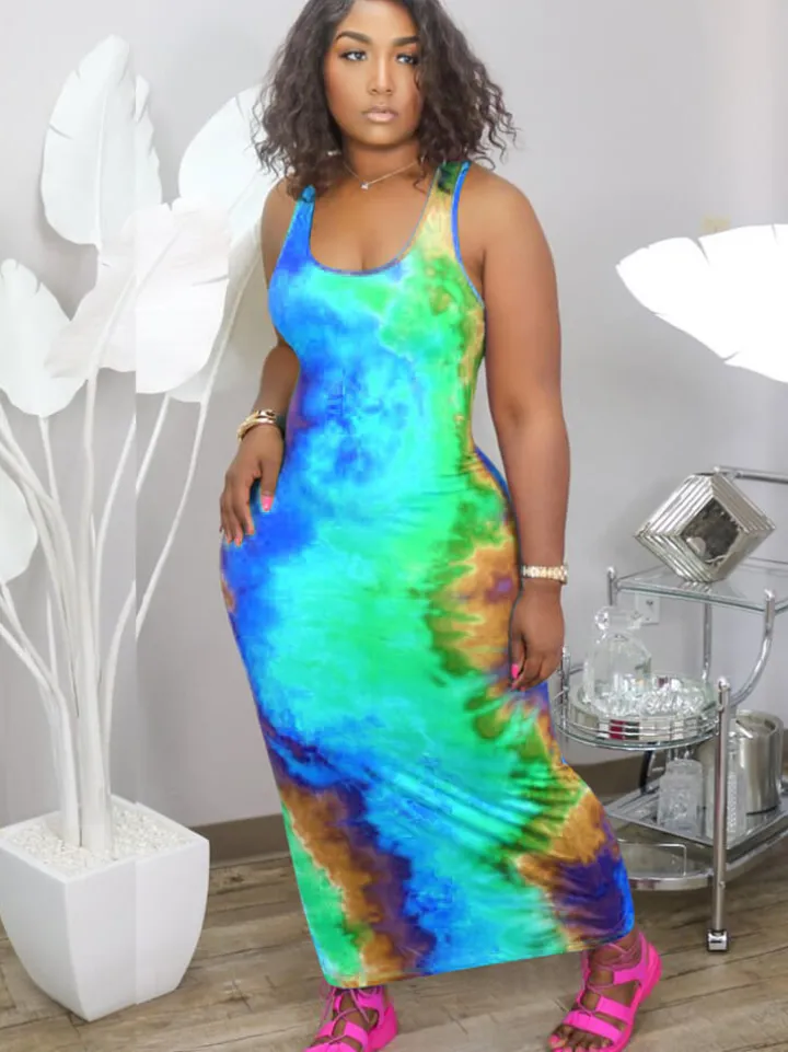 Plus Size Tie Dye Print Bodycon Maxi Dress