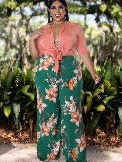 Plus Size Two Piece Crop Top Long Pants Outfits
