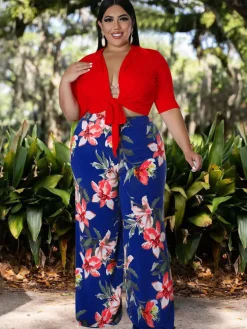 Plus Size Two Piece Crop Top Long Pants Outfits