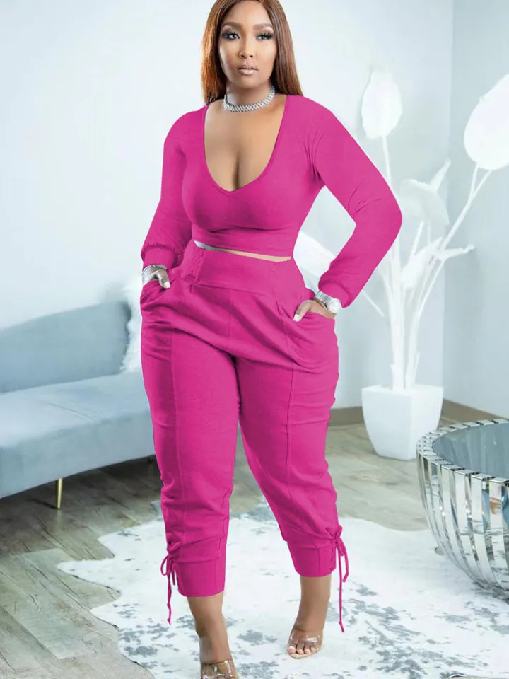 Plus Size Two Piece Long Sleeves Top Long Pants Outfits