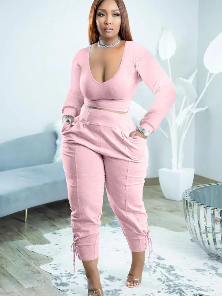 Plus Size Two Piece Long Sleeves Top Long Pants Outfits