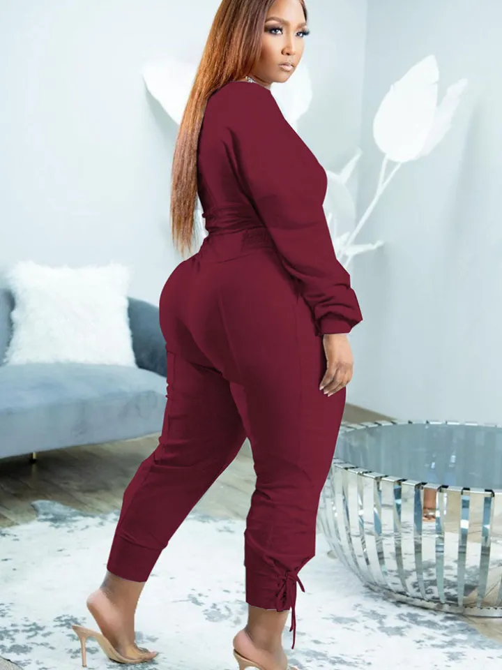 Plus Size Two Piece Long Sleeves Top Long Pants Outfits