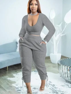 Plus Size Two Piece Long Sleeves Top Long Pants Outfits