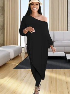 Plus Size Two Piece One Shoulder Top Long Pants