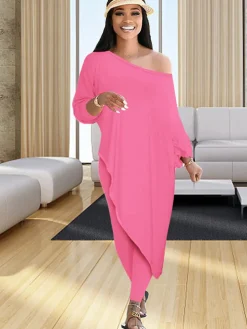 Plus Size Two Piece One Shoulder Top Long Pants