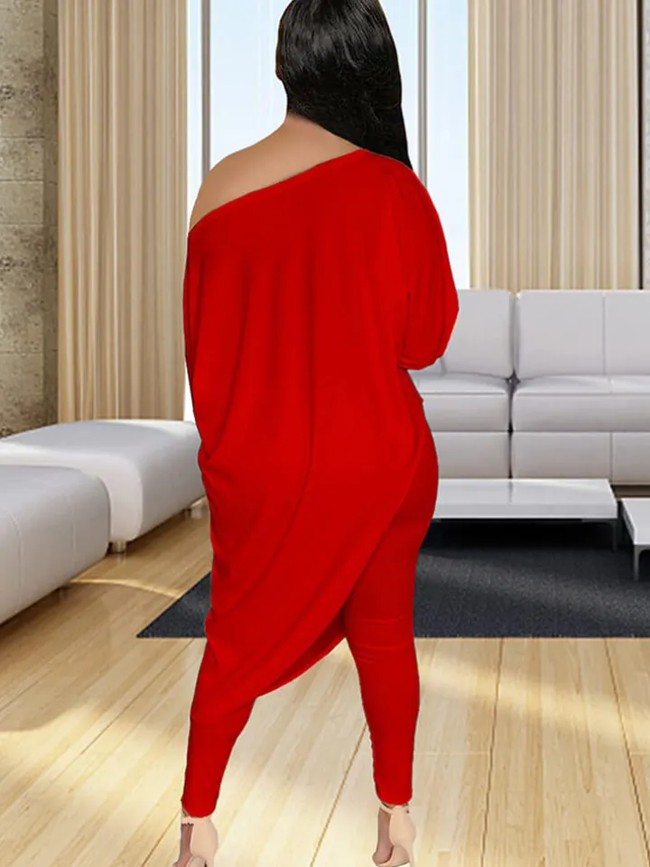 Plus Size Two Piece One Shoulder Top Long Pants