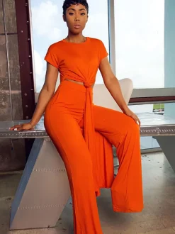 Plus Size Two Piece Short Sleeves Top Long Pants Outfits