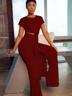 Plus Size Two Piece Short Sleeves Top Long Pants Outfits