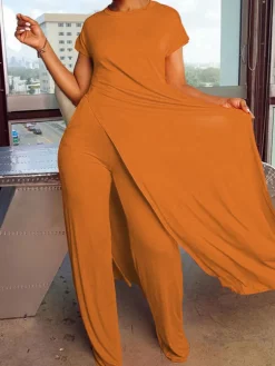 Plus Size Two Piece Short Sleeves Top Long Pants Outfits