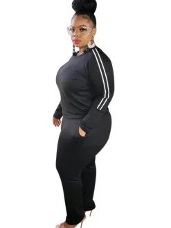 Plus Size Two Piece Stripe Long Sleeve Top Pants Set