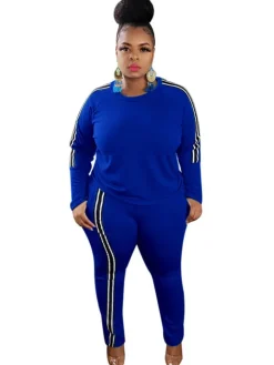 Plus Size Two Piece Stripe Long Sleeve Top Pants Set