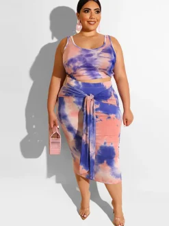 Plus Size Two Piece Tank Top Midi Skirt Set