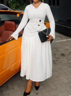 Plus Size V Neck Button Waist Maxi Dress