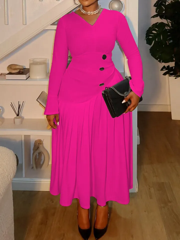 Plus Size V Neck Button Waist Maxi Dress