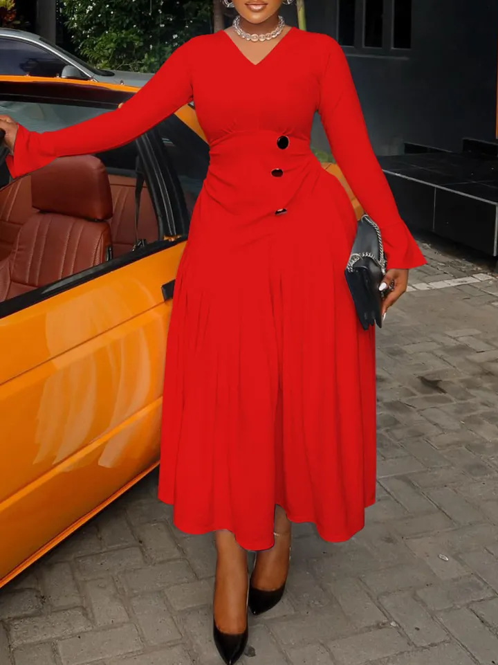 Plus Size V Neck Button Waist Maxi Dress