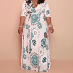 Plus Size V Neck Floral Printed Maxi Dress