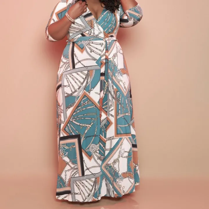 Plus Size V Neck Floral Printed Maxi Dress