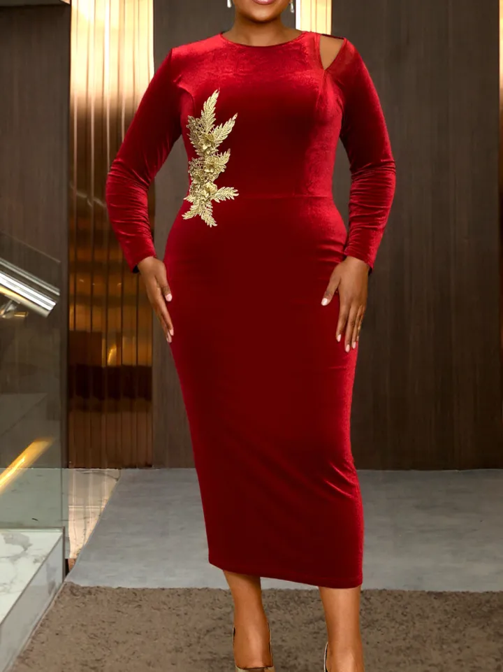 Plus Size Velvet Embroidered Midi Dress