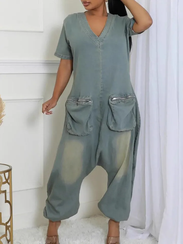 Pockets Bagged Denim Jumpsuit