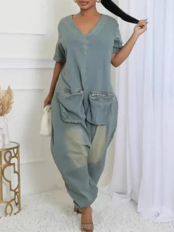 Pockets Bagged Denim Jumpsuit