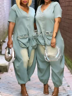 Pockets Bagged Denim Jumpsuit