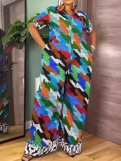 Print Zipper Wide Leg Jumpsuit